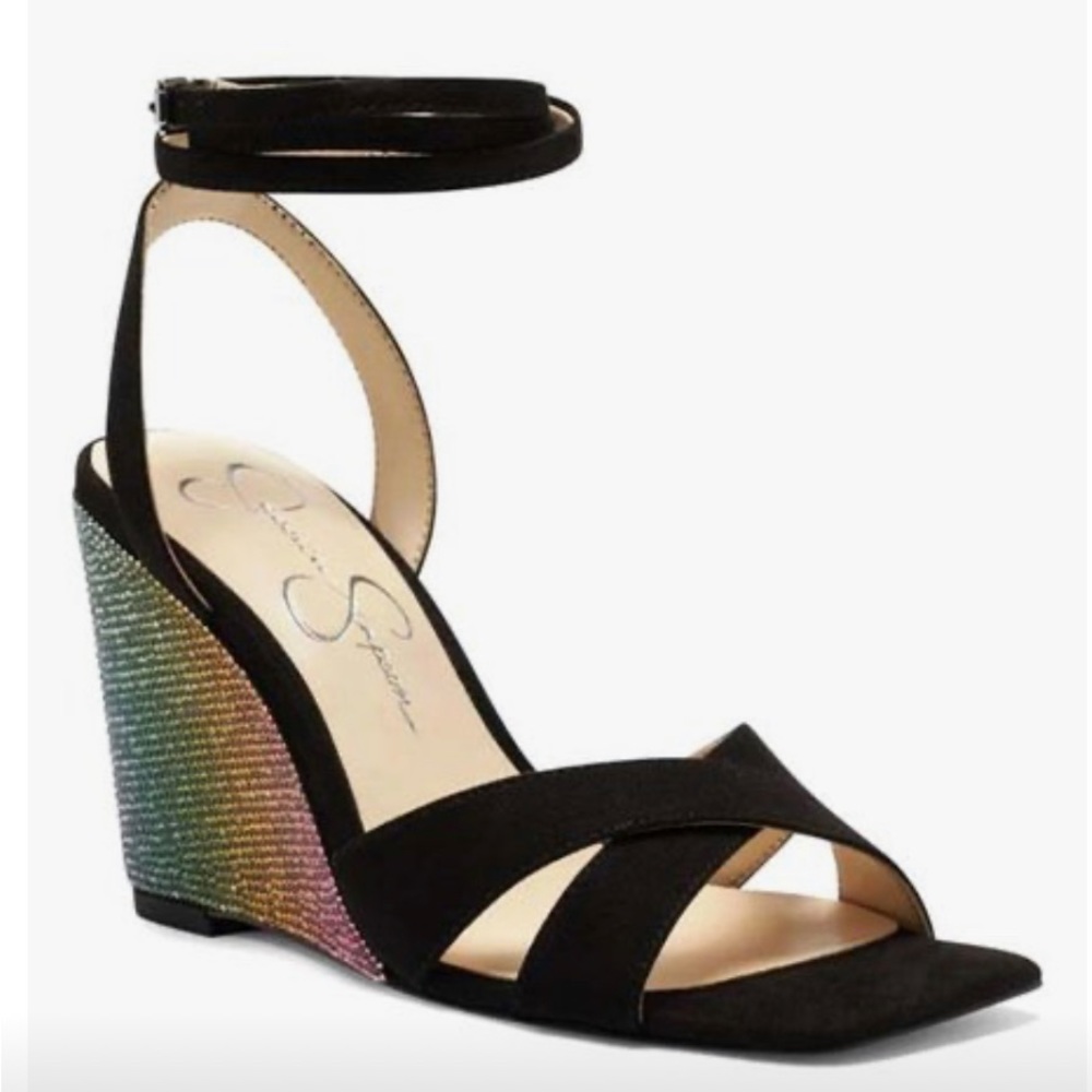 Jessica Simpson Black and rhinestone wedges.